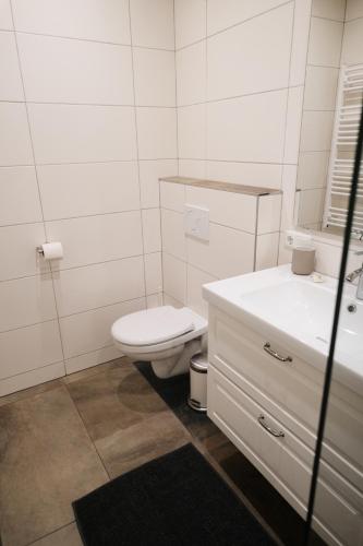 a white bathroom with a toilet and a sink at Attwengerhof in Traunkirchen
