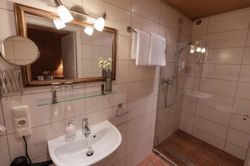 a bathroom with a sink and a shower and a mirror at Landhotel Ewerts in Insul