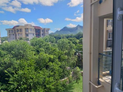 widok z okna drzew i budynków w obiekcie Cosy Apartment in Ebene w mieście Quatre Bornes