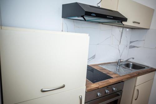 uma pequena cozinha com um lavatório e um fogão em Agréable chambre sur liège avc parking et wifi gratuit em Liège