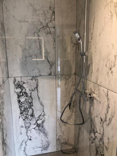 W łazience znajduje się prysznic ze szklanymi drzwiami. w obiekcie villa rocca w mieście Sotta
