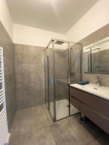uma casa de banho com um chuveiro e um lavatório. em Appartement T2 de standing avec parking à 250 mètres de la plage, route des Sanguinaires, Ajaccio em Ajaccio