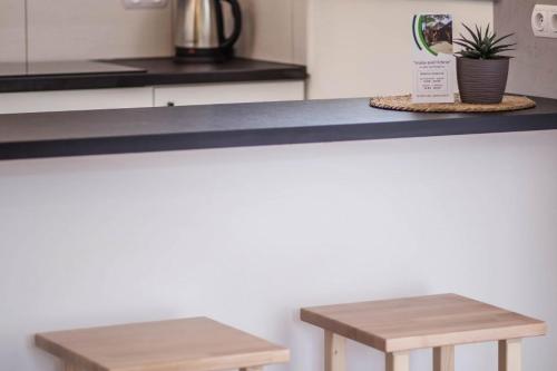 two wooden benches sitting on a counter in a kitchen at Domki Lux Gródek nad Dunajcem in Gródek Nad Dunajcem