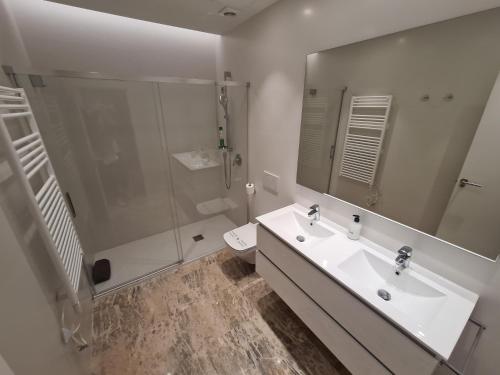 a bathroom with a sink and a shower and a toilet at Dos Torres Exclusivos en Calle Alfonso I in Zaragoza