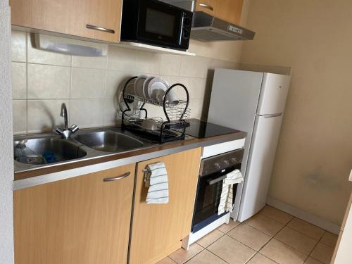 une petite cuisine avec un évier et un réfrigérateur dans l'établissement Best cocooning au calme avec parking privé, à Carcassonne