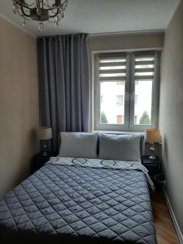 a bedroom with a bed with a blue comforter and a window at Apartament Zamkowy in Malbork
