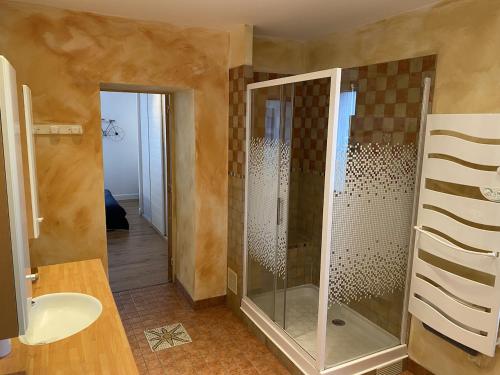 ein Bad mit einer Dusche und einer Glastür in der Unterkunft La Maison du Bonheur in Ausson