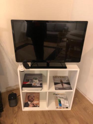 a tv sitting on top of a white entertainment center at Thomasloft in Oegstgeest