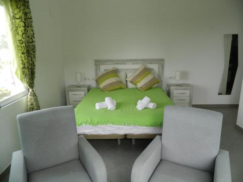 a bedroom with a green bed with two chairs at Hotel Restaurant Baladrar in Benissa