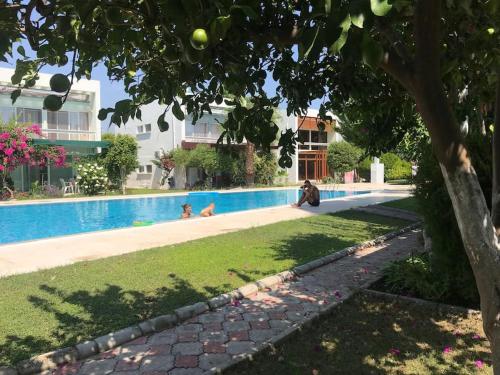 a person sitting next to a swimming pool at A Villa For only 90 day and more days in Antalya