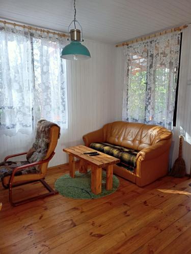 a living room with a leather couch and a coffee table at Chatka nad Świdrem in Mlądz