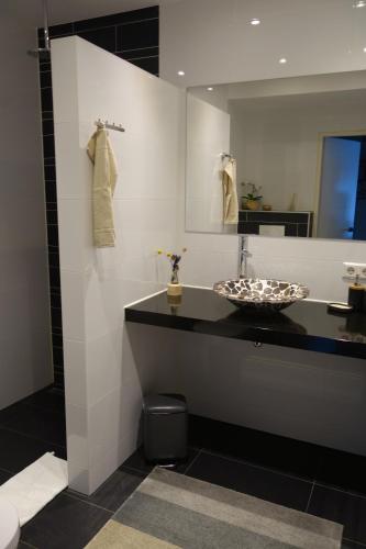 a bathroom with a sink and a mirror at Zeesterflat 117 in Egmond aan Zee