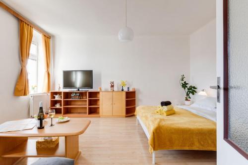 a bedroom with a bed and a table and a tv at Sunshine Apartment near the City center in Prague