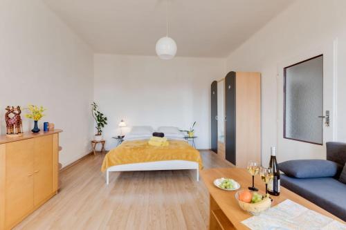a living room with a bed and a couch at Sunshine Apartment near the City center in Prague