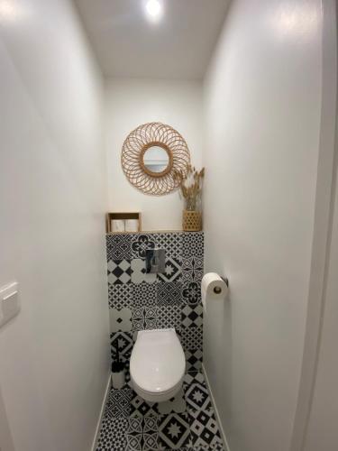 ein Badezimmer mit einem weißen WC und einem Spiegel in der Unterkunft La ROSERAIE in Mont-de-Marsan