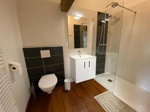 Un baño con inodoro, lavabo y ducha. en Gites de la Marniere, en Mouchamps