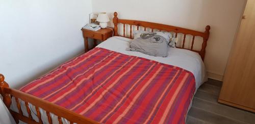 - un lit avec une couverture colorée dans l'établissement Appartement T1bis de 30m2, à Dijon