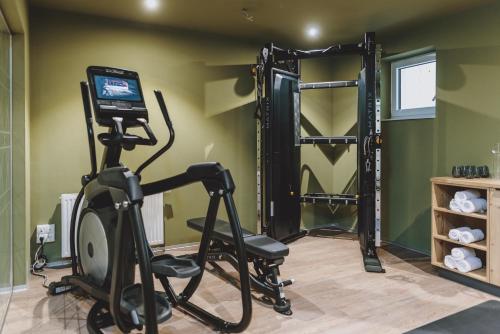a gym with a treadmill and a mirror at Nikolaus by AvenidA Panoramic Wellness Suites in Zell am See