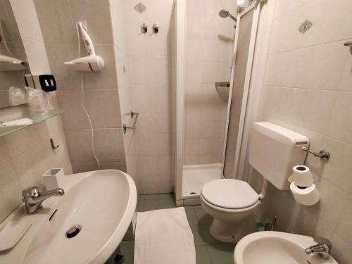 een witte badkamer met een wastafel en een toilet bij Hotel La Chance in Saint Vincent