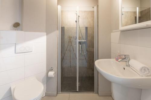 La salle de bains est pourvue d'une douche, d'un lavabo et de toilettes. dans l'établissement Altstadtstübchen, à Husum