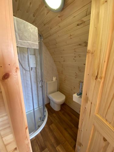 a small bathroom with a shower and a toilet at Arisaig Pods in Arisaig