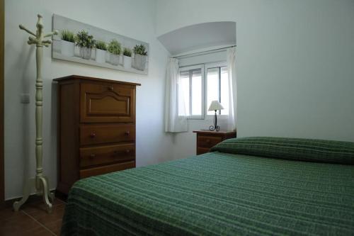 1 dormitorio con 1 cama verde, vestidor y ventana en Taia Casa Rural 2 **. Alojamiento y actividades, en Mérida