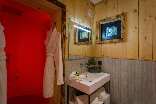 a bathroom with a sink and a red wall at Domaine de l'Authentique Cabanes dans les arbres in Fournet-Blancheroche