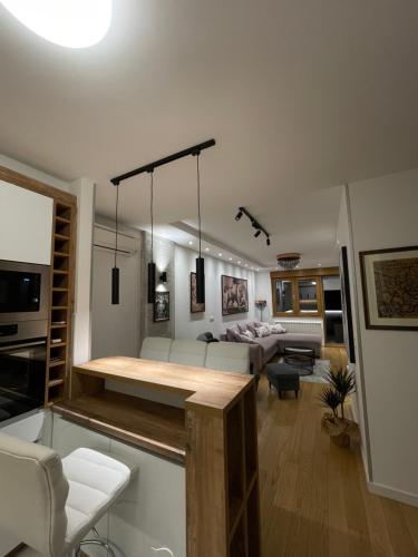 ベオグラードにあるGarden House Luxのキッチンとテーブルとソファのあるリビングルーム