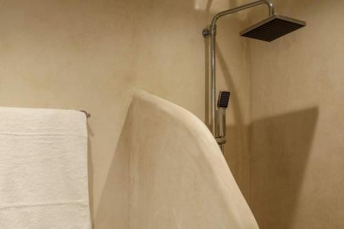 Mamma Mia apartments skiathos في مدينة سكياثوس: حمام مع دش مع منشفة وحامل مناشف