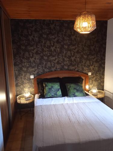 a bedroom with a bed and a chandelier at Maison au dessus du lac de Biscarrosse in Biscarrosse