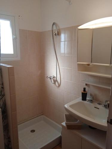 une salle de bain avec une baignoire, un lavabo et une douche dans l'établissement Maison au dessus du lac de Biscarrosse, à Biscarrosse