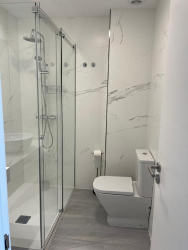 a bathroom with a toilet and a glass shower at Campanas Haus in Santiago de Compostela