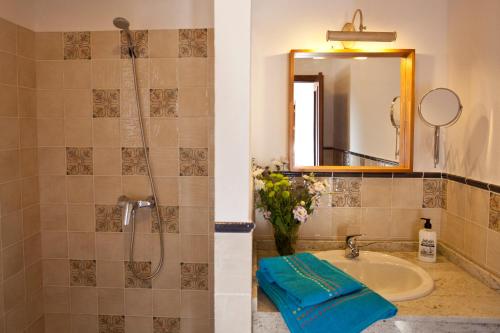 La salle de bains est pourvue d'un lavabo et d'une douche avec un miroir. dans l'établissement Casa Rural La Serrana de Aracena, à Aracena