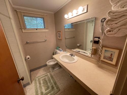 a bathroom with a sink and a toilet and a mirror at Midway Motel & Cottages in Eastham