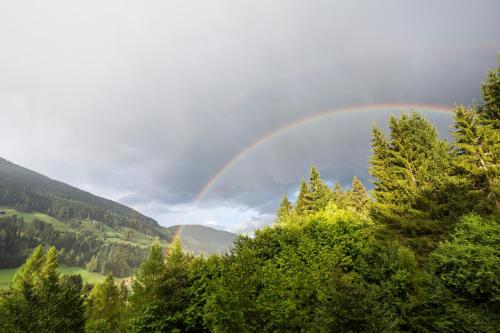 a rainbow in the sky over some trees at Alpenhotel Weitlanbrunn in Sillian