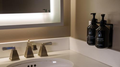 a bathroom sink with a mirror and soap dispenser at Hotel Indigo Baltimore Downtown, an IHG Hotel in Baltimore