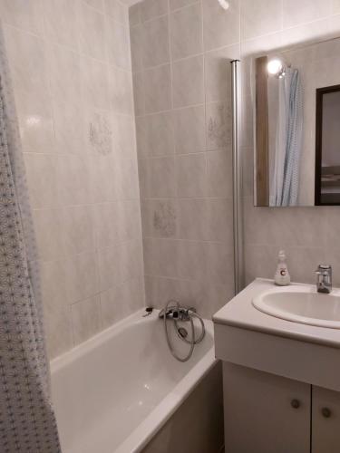La salle de bains est pourvue d'un lavabo, d'une baignoire et d'une baignoire. dans l'établissement Saint Cyprien - Appart - Piscine-Mer, à Saint-Cyprien