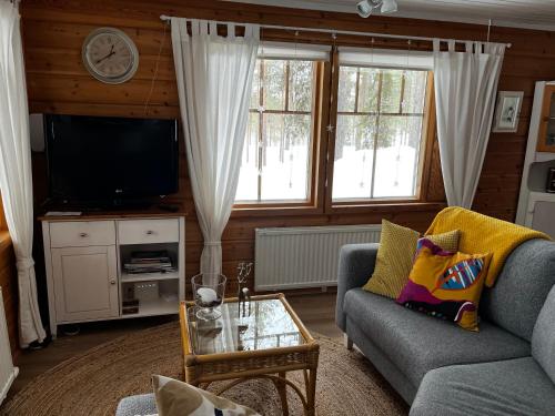 a living room with a couch and a tv at Pyhä Saukonpiilo in Pelkosenniemi