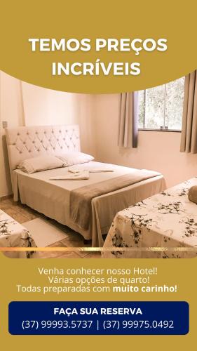 Un folleto para una habitación de hotel con 2 camas en Hotel Havana, en Nova Serrana
