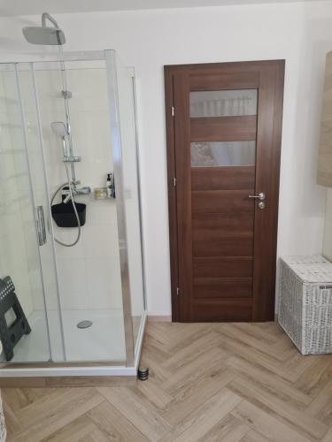 a bathroom with a shower and a wooden door at Pod Świerkami in Myślibórz