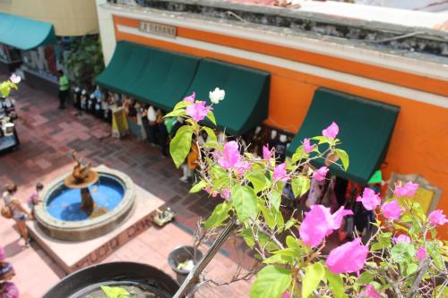 two chairs and a fountain on a patio with pink flowers at Hotel Concierge Plaza Colima in Colima