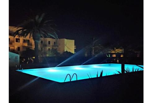 - une grande piscine avec éclairage bleu la nuit dans l'établissement Saint Cyprien - Appart - Piscine-Mer, à Saint-Cyprien