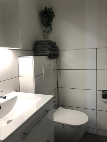 ein weißes Badezimmer mit Toilette und Waschbecken in der Unterkunft Ankerplatz-Steinhude in Wunstorf