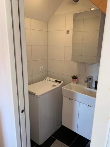 a small bathroom with a sink and a washing machine at Inevig Holiday home in Rogoznica