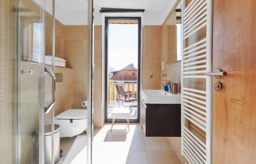 Kvilda Apartments في كفيلدا: حمام مع حوض ومرحاض ونافذة