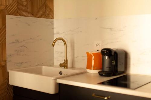 - une cuisine avec un évier et un appareil orange dans l'établissement Etape Urbaine - Toulouse centre - Parking inclus, à Toulouse