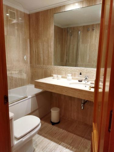 a bathroom with a sink and a toilet and a mirror at Céntrico apartamento Oviedo Parking y wifi gratuitos Admite mascotas in Oviedo