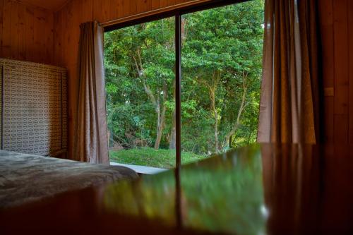 a bedroom with a window with a view of a forest at Cabañas Lys in Monteverde Costa Rica
