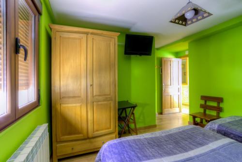 a green bedroom with two beds and a television at Hostal Rural La Tintoreria in Villablino