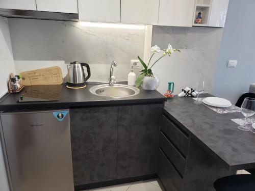 eine Küche mit einer Spüle und einer Arbeitsplatte in der Unterkunft Appartamento Nr. 28. Centrale e luminoso in Shkodra